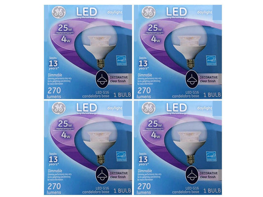 (4 pack) GE 39701 LED Light Bulb G16 Globe 4 watt, 5000K Daylight, Candelabra Base, 270 lumens, Dimmable